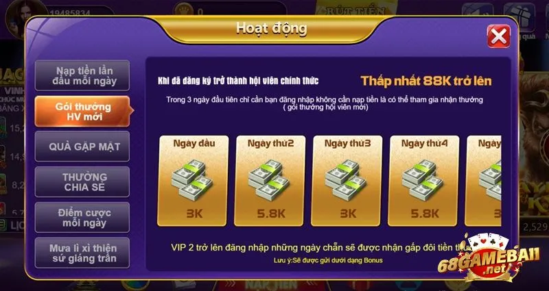 Tải app nhận quà 68gamebai >> đăng ký thành viên nhận thấp nhất 88k